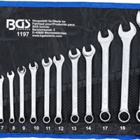 Maul-Ringschüsselsatz mit 12 Stück in verschiedenen Größen von SW 6-22 mm, inklusive Tetron-Rolltasche und Gabelringschlüssel