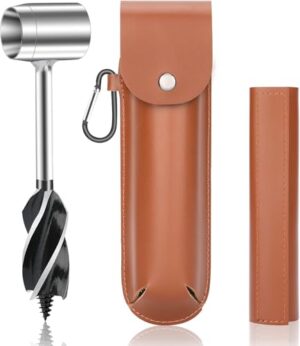 Multifunktionales Holzbohren-Werkzeug mit selbstschneidender Spirale und Lederhülle für Bushcraft, Camping und Outdoor-Backpacking