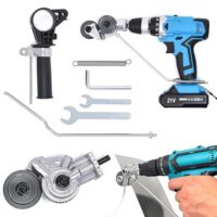 Elektrischer Blechknabber mit Aufsatz für Handbohrmaschine zum Schneiden von Metall, Weißblech, Stahl, Kupfer und Aluminium. Ideal für Heimwerker und Metallverarbeiter.