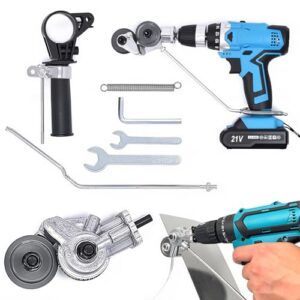 Elektrischer Blechknabber mit Aufsatz für Handbohrmaschine zum Schneiden von Metall, Weißblech, Stahl, Kupfer und Aluminium. Ideal für Heimwerker und Metallverarbeiter.