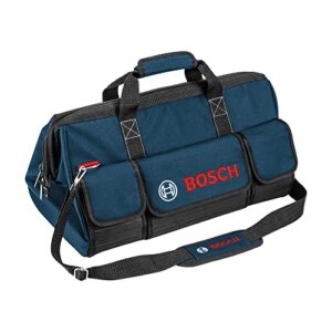 Große Bosch-Handwerker-Tasche aus stammfestem Material mit robusten Reißverschlüssen und schienenverstärktem Boden. Ideal für geschäftige Handwerker und geeignet für zahlreiche Elektrowerkzeuge und Zubehörteile.