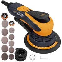 Bürstenloser Elektroschleifer mit 350 W Motor, Scheiben von 150 und 125 mm, Exzenterschleifmaschine mit Dreikernanschluss und automatischer Bremse.