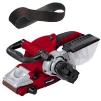 Bild eines Einhell Bandschleifers TE-BS 8540 E mit Drehzahl-Elektronik und 75x140 mm Schleiffläche. Werkzeugloser Schleifbandwechsel, Zusatzhandgriff und Softgrip sind inklusive.