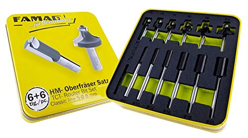 Famag HM Oberfräser Satz Classic Line, 12 hochwertige Fräser in einer Metallbox mit Schaumstoffeinlage, ideal für Holz und andere Materialien