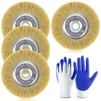 Vier Fugenbürsten aus Metall in einer Aufnahme, kompatibel mit Gloria Multibrush und anderen Drahtbürsten, Zubehör für Gloria Fugenreiniger von Unkraut, Moos und Steinen.