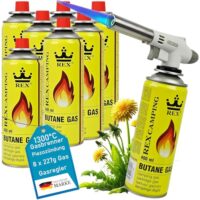 Gasbrenner mit 8 Kartuschen, Piezozündung, Bunsenbrenner, Flambierbrenner und Lötlampe für kreative Projekte wie Kochen, Handwerk und Forschung