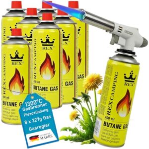 Gasbrenner mit 8 Kartuschen, Piezozündung, Bunsenbrenner, Flambierbrenner und Lötlampe für kreative Projekte wie Kochen, Handwerk und Forschung