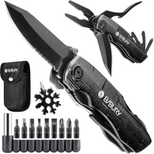 Multifunktionsmesser mit 18 verschiedenen Funktionen, wie Messer, Sägeblatt, Zange und Schraubendreher-Set. Perfekt für Outdoor-Sport, Camping und Heimwerken.