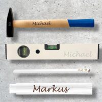 Persönliches Geschenk für Handwerker: Personalisierter Hammer 200g, Zollstock, Wasserwaage und Bleistift mit Name, ideal für Vatertag oder Weihnachten