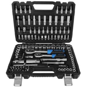 Umfangreicher Werkzeugsatz für Heimwerker und Handwerker mit Steckschrauben, Torx-Bits, Verlängerungen und Adaptern in einem robusten Werkzeugkoffer.