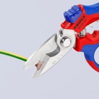 Gewinkelte Elektrikerschere mit Mehrkomponenten-Hüllen von KNIPEX, glasfaserverstärkt spiegelpoliert 180 mm