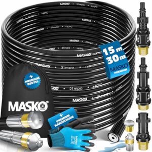 Rohrreinigungsschlauch Set, Abflussreiniger 15m, 200 bar, inkl. Isolierband, Tasche, 3 Adapter, 2 Düsen, kompatibel mit Kärcher k2-k7 LAVOR Hochdruckreiniger