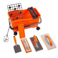 Professionelles 7-teiliges Fliesenwaschset für Fliesenlegen, Verfugen und Reinigen von Oberflächen mit Rädern, Stukkateurspachtel, Zahnkelle, Schwammbrett, Reibebrett und Eimer 22L