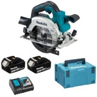 Hochwertige Akku-Handkreissäge von Makita mit 18 V und 5,0 Ah-Akku, inklusive zweier Akkus und Ladegerät im MAKPAC-Bunt-Gesetzteil.