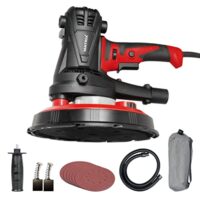 Professioneller Trockenbauschleifer mit 1280 Watt Motor, ideal für das Abschleifen von großen Flächen im Trockbau. Enthält ein Staubfangsystem und elektronische Drehzahlregelung.