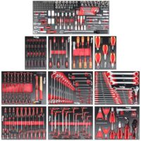 Mephisto 11 Werkstattwageneinlagen mit Werkzeugen wie Ratschen-Set, Hammer-Set, Ringschlüssel, Ratschenschlüssel, Zangen, Feilen, VDE Schraubendreher und Kombizange in Soft Inlays in Carbon Lock