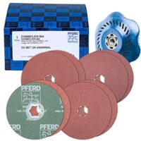 PFERD COMBICLICK Fiberscheiben-Set, ideal für universelle Anwendungen mit dem Winkelschleifer. Hohe Wirtschaftlichkeit, lange Standzeit und hohe Abtragsleistung.