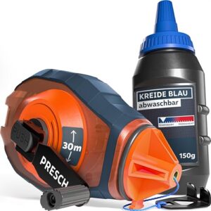 PRESCH Schlagschnur 30m mit blauer Kreide (150g) für temporäre Markierungen, schneller Rücklauf dank 6:1 Getriebe, leicht abwischbar und strapazierfähig