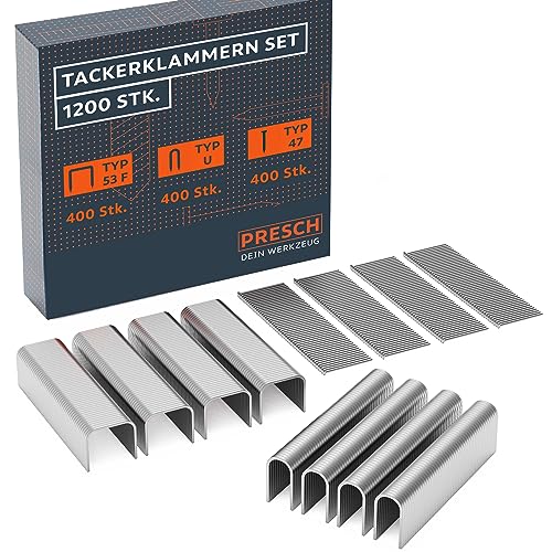 Presch Tackerklammern Set 1200 Stk - Handtackerklammern inkl. Klammern Typ 53F, U-Klammern und Nägeln - Flachdrahtklammern für Handtacker, universell einsetzbar bei jedem Tacker, hochwertige Materialien, perfekte Auswahl für alle Tacker-Aufgaben