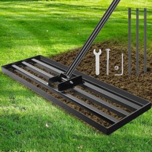 Rakel für Rasen, Nivellierungsrechen, Rasenwerkzeug mit 213cm Anti-Rutsch Verstellbarem Griff, Hochbelastbarer Nivellierrechen Rasenrechen Ideal für Garten, Hinterhof, Schwarz
