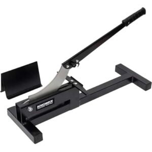Bild eines Laminatbodenschneiders mit Ganzmetall-Konstruktion und gepolsterten Fußplatten, geeignet für Bretter bis 11 mm Dicke und Schnittbreite von 200 mm