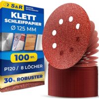 S&R Klett Schleifpapier Set 125 mm, Meister, 8 Löcher, 100 Stück in Körnung P120, Schleifblätter für Exzenterschleifer