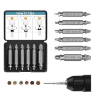 Ergänzung eines Schraubenausdreher-Sets aus hochwertigem HSS 4341-Material, ideal für die Entfernung beschädigter Schrauben. Set besteht aus 6 verschiedenen Größen (#0/#1/#2/#3/#4) und einem Doppelkopf-Design.