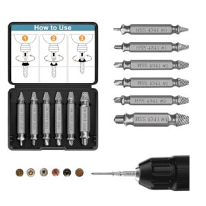 Ergänzung eines Schraubenausdreher-Sets aus hochwertigem HSS 4341-Material, ideal für die Entfernung beschädigter Schrauben. Set besteht aus 6 verschiedenen Größen (#0/#1/#2/#3/#4) und einem Doppelkopf-Design.