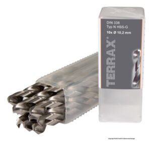 TERRAX by RUKO Spiralbohrer HSS-G 10,2 mm in Kunststoffpack aus 5 Stücken. Hochwertiges Werkzeug für Bohrarbeiten mit geschliffener Spitze und hoher Genauigkeit.