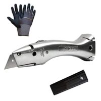 Universales Teppichmesser 'Delphin 03' inkl. Schutzhandschuhe - sicherer Entferner für Stecknadel, Draht und Schraubenschlüssel aus Aluminium mit Klinge und Kunststoffkoffer