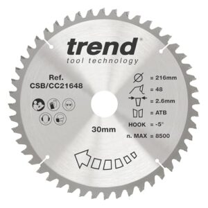 Trend Holz Kappsägeblatt, 216mm Durchmesser, 30mm Bohrung, 48 Zähne, HW, 2,6mm Schnittbreite, -5° Haken