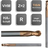 VHM Radiusfräser, überlang, extralang Ø 3/4/ 6/8/ 10/12 mm, Z=2, beschichtet, Größe: 10R5 x 20 x 100 mm
