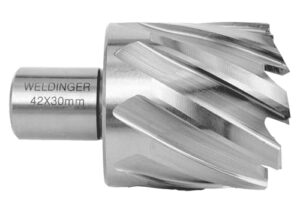 Vollschliff Kernbohrer HSS M2 mit Weldon-Aufnahme für Magnetbohrmaschinen, 42 mm Durchmesser, hochwertiger Werkzeugstahl für hohe Bohrqualität und schnellen Wechsel