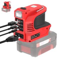 Wechselrichter für Einhell 18V Akku, DC 18V auf AC 220V Spannungswandler Adapter mit USB Typ-C DC12V Anschluss und LED Lampe, Notstromaggregat für Camping
