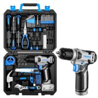 Professionelles Werkzeugset mit Akkuschrauber, Bohrmaschine und verschiedenen Werkzeugen in einem blauen Koffer.