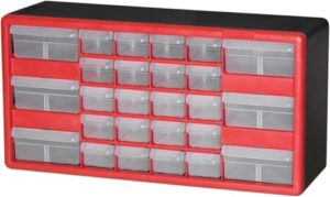 Akro-Mils 26-Zoll-Schrank aus Kunststoff, rot/schwarz, für die Organisation und Lagerung von Werkzeugen, Hardware und Materialien