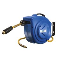 Automatische Druckluftschlauchtrommel 12 bar, PVC-Schlauch und Anschluss-Schlauch. Aufroller mit Schlauch-Stopp und Verschluss-Kupplung in Blau.