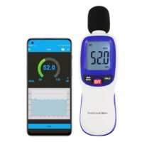 Bluetooth-fähiges digitales Schallpegelmessgerät mit LCD-Display und Hintergrundbeleuchtung für präzise Messungen von 30 bis 130 dBA.