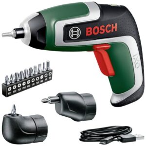 Bosch Akkuschrauber IXO, 7. Generation, 3,6V, 2,0Ah, 5,5Nm, Set inkl. Winkel- und Exzenter-Aufsatz, Mikro-USB-Kabel, ideal für Heimwerksalltag