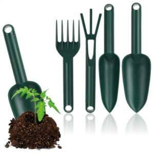 Gartenwerkzeug-Set mit Breite Kelle, schmaler Kelle, Handharke und Grubber für Gartenarbeit aus stabilem Kunststoff.