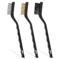 Drahtbürsten-Set für die Reinigung von Schweißschlacken und Rost, inklusive Nylon-, Edelstahl- und Stahlbürste mit Kunststoffgriffen.