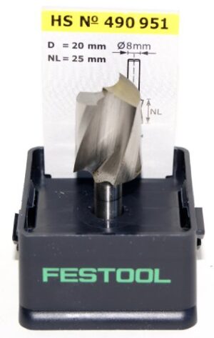Bild eines Festool-Spiralnutfrämers mit dem Modell HS Spi S8 D20/25, ideal für Weichholz-Anwendungen