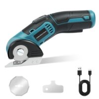 Flintronic Elektrische Schere, Kabellose Kartonschneider mit 2 Elbstschärfender Klinge, Sicherheitsschloss, USB-Ladekabel und LED-Licht, 4V Universalschneider für Pappe, Teppich, Stoff, Kunststoff