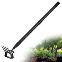 Gartenhacke, 124cm 2-in-1 Steigbügelhacke Gartenwerkzeuge mit 4-Zahn Spike, Hula Hacke mit verstellbarem Langem Griff für Unkraut, Lockerung Boden