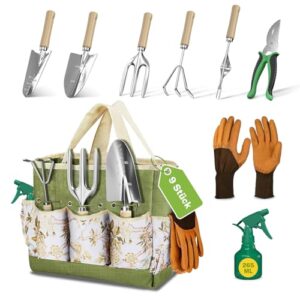 Umfassendes Gartenwerkzeug-Set mit 9 Werkzeugen aus Edelstahl, großvolumiger Aufbewahrungstasche und Schutzhandschuhen für Anfänger und Profis