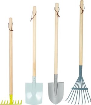 Gartenwerkzeug-Set aus Holz und Metall für Kinder ab 3 Jahren in modernen Farben. Das Set enthält Spaten, Schaufel, Rechen und Harke mit Holzstielen.