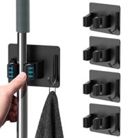 Selbstklebender Edelstahl-Besenhalter mit 4 Stücken für Küche, Badezimmer oder Garten - Schwarz