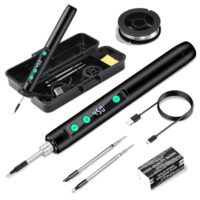 Kabelloses Lötkolben Set mit USB-Akku, LCD-Anzeige und Temperatur-Einstellung für verschiedene Anwendungen wie Reparaturen und DIY-Projekte.