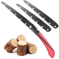 Klappsäge mit 2 Schneidpositionen und Sicherheitsverschluss für Garten, Holz und Outdoor-Camping. Hochkohlenstoffstahl, Teflon-beschichtet und inklusive 2 Ersatzklingen.