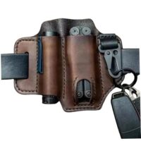 Leder Multitool Scheide, 7.1 x 5 Zoll Ledergürtel mit Taschenlampenhalter, Stifthalter und Keychain Clip, tragbarer Gürtelorganisator